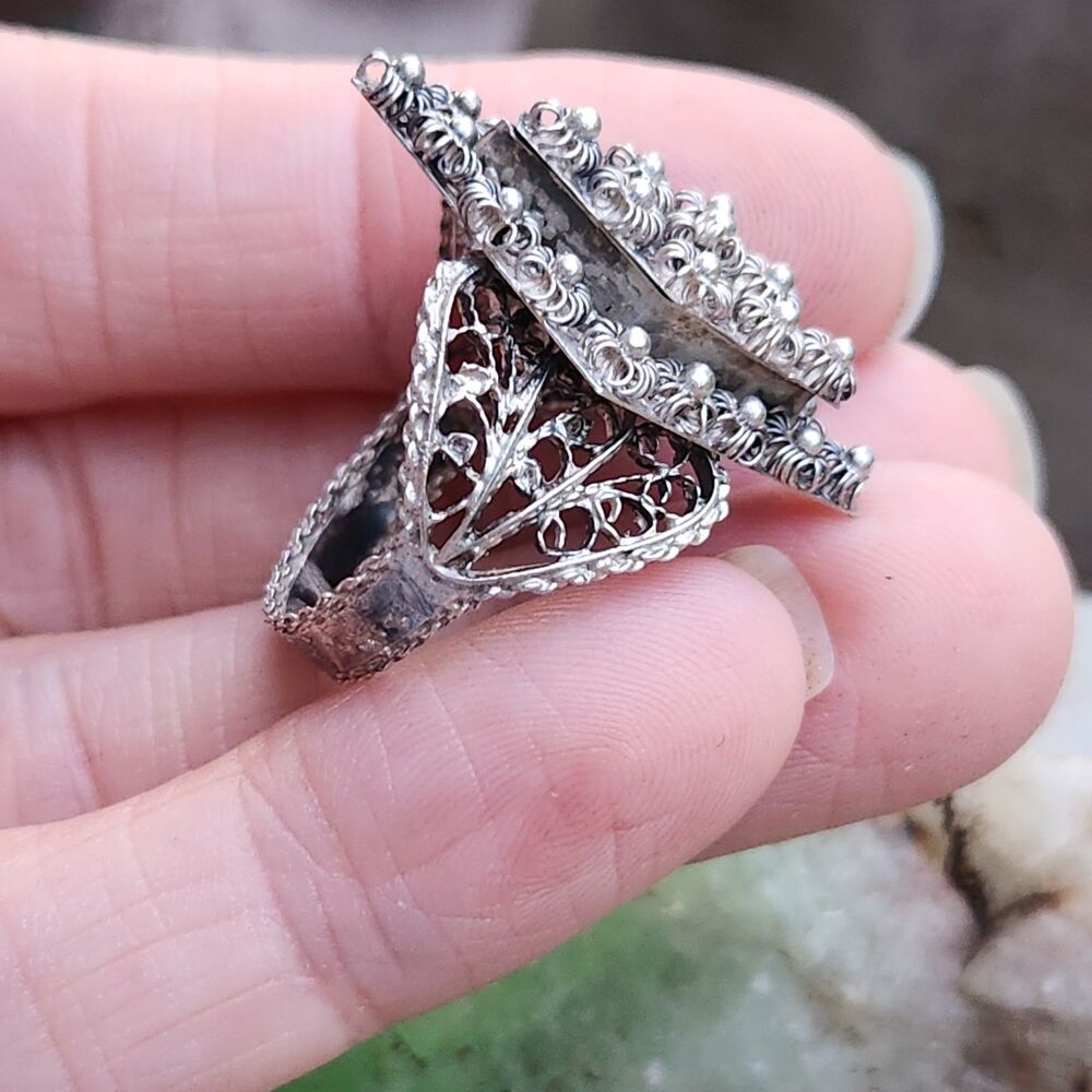 Vintage Etruscan Poison Ring filigree sz 8 800 Silver Gothic whimsigoth Fairy - Picture 7 of 12